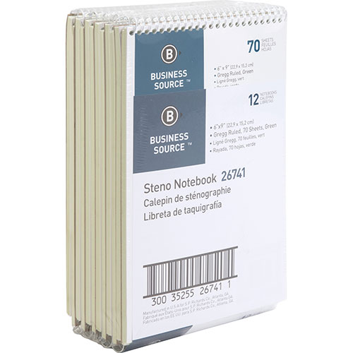 Business Source Steno Notebook, Gregg Ruled, 6"x9", 70 Sheets, 12/PK, Green Paper