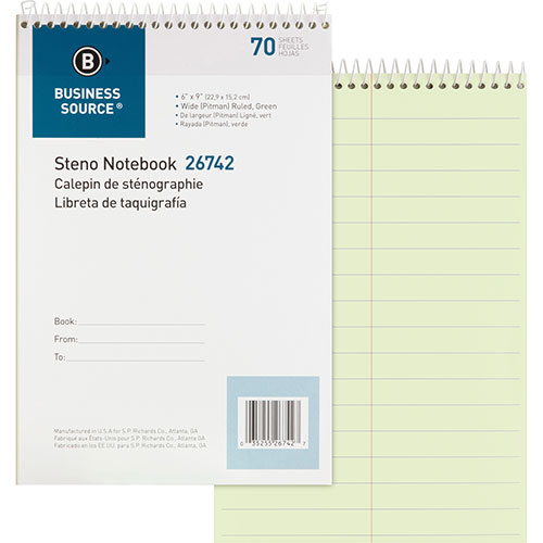 Business Source Steno Notebooks, Pitman Ruled, 6" x 9", 70 Sheets, Green