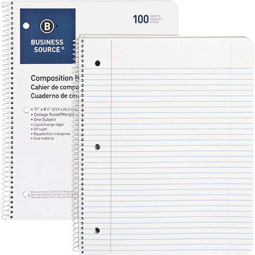 Business Source Wirebound Notebooks, 3-Hole, Colg Rule, 8-1/2" x 11", 100 Sheets, WE