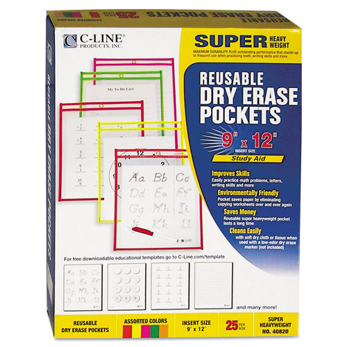 C-Line Reusable Dry Erase Pockets, 9 x 12, Assorted Neon Colors, 25/Box