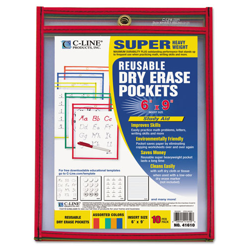 C-Line Reusable Dry Erase Pockets, 6 x 9, Assorted Primary Colors, 10/Pack