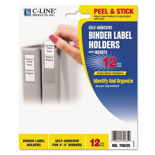 C-Line Self-Adhesive Ring Binder Label Holders, Top Load, 2 3/4 x 3 5/8, Clear, 12/Pack