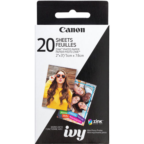 Canon Zero Ink (ZINK) Photo Paper - White - 2" x 3" - Glossy - 1 / Each - 20 - Smudge-free, Water Resistant, Tear Resistant
