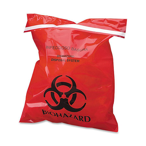 CareTek Stick-On Biohazard Waste Bags, 1.4 qt, 2 mil, 9" x 10", Red, 100/Box