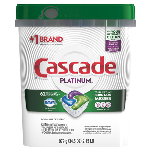 Cascade Dish Soap, Action Pacs, Platinum, Fresh Scent, 62 Per Pack, 3/Case, 186 Total