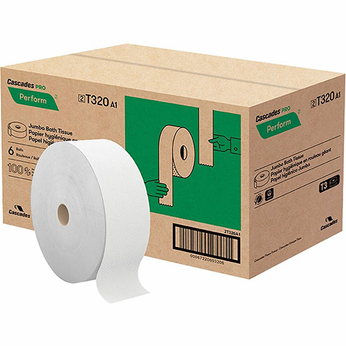 Cascades Perform Jumbo Toilet Paper, 2 Ply, White (T320), 2 Ply, 3.40" x 1250 ft, 9" Roll Diameter, 6/Pack