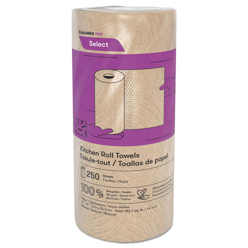 Cascades Select Kitchen Roll Towels, 2-Ply, 11" x 166.6 ft, Natural, 250/Roll, 12/Carton