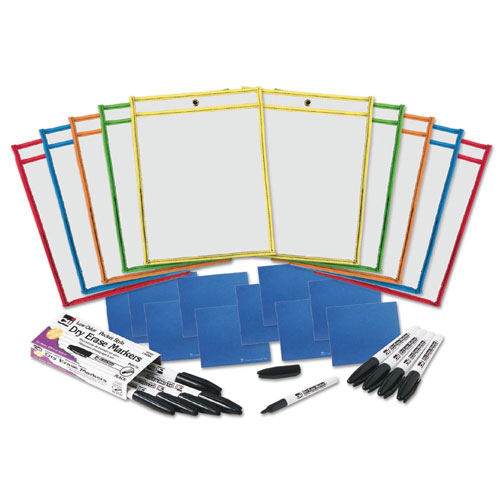 Charles Leonard Dry Erase Pocket Class Pack, 10.5 x 1.5, Assorted Primary Colors, 10/Pack