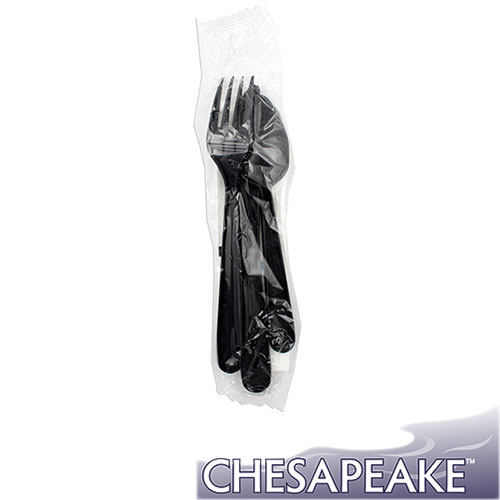 Chesapeake Black Heavyweight Polypro Cutlery Kit, Fork, Knife, Tspoon, Salt, Pepper, 2Ply Napkin In Plastic Wrap, Case of 250