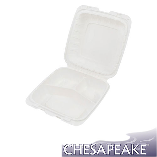 Chesapeake CHPP883W 8 x 8 x 3 White Mineral-Filled 3 Compartment Hinged Lid Takeout Container, 200/cs