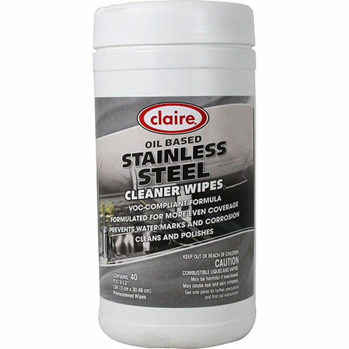 Claire Stainless Steel Wipe, Ready-To-Use Wipe, Citrus Scent, 9.50" Width x 12" Length, 40/Tub