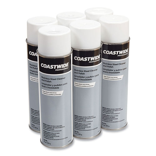 Coastwide Professional™ Stainless Steel Cleaner and Polish, Lemon Scent, 15 oz Aerosol Spray, 6/Carton
