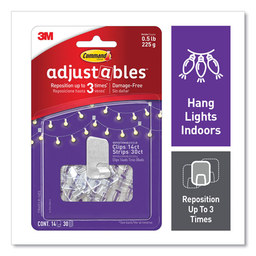 Command® Adjustables Repositionable Mini Clips, Plastic, White, 0.5 lb Capacity, 14 Clips and 12 Strips