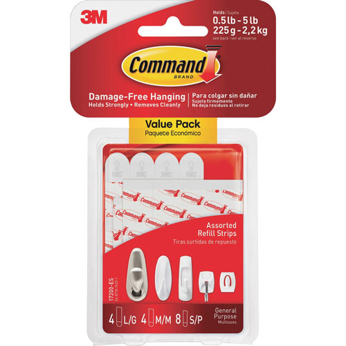 Command® Assorted Refill Strips, Removable, (8) Small 0.75 x 1.75, (4) Medium 0.75 x 2.75, (4) Large 0.75 x 3.75, White, 16/Pack