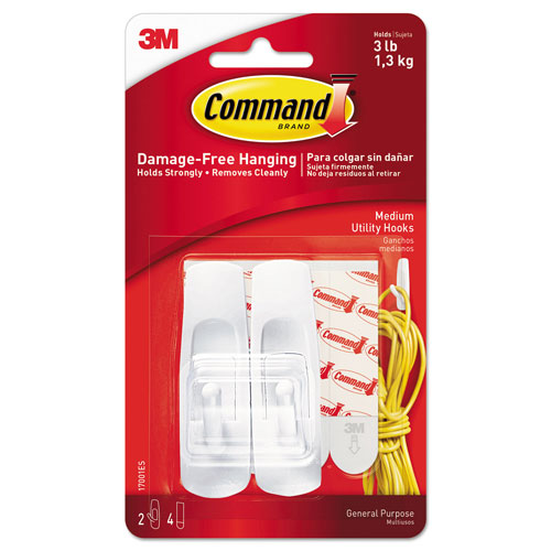 Command® General Purpose Hooks, Medium, 3 lb Cap, White, 2 Hooks and 4 Strips/Pack