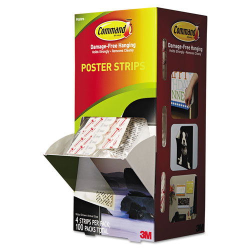 Command® Poster Strips, Removable, Holds Up to 1 lb per Pair, 0.63 x 1.75, White, 4/Pack, 100 Packs/Carton