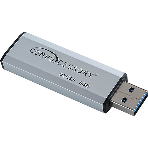 Compucessory Flash Drive, USB 3.0, 8GB, 2-1/10"Wx3/4"Lx1/4"H, Silver