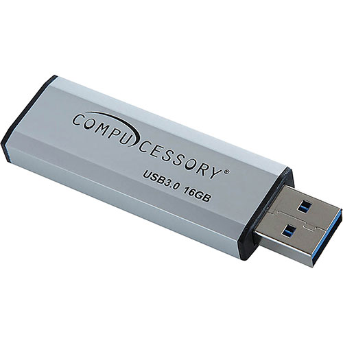 Compucessory Flash Drive, USB 3.0, 16GB, 2-1/10"Wx3/4"Lx1/4"H, Silver