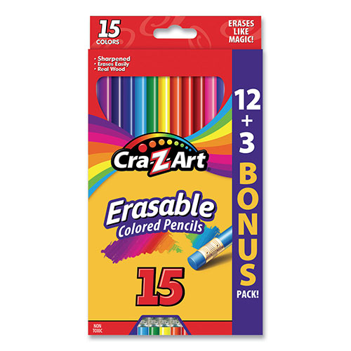 Cra-Z-Art® Erasable Colored Pencils, 15 Assorted Lead/Barrel Colors, 15/Set