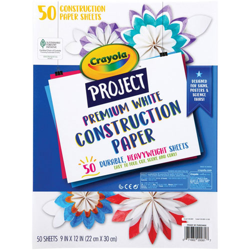 Crayola Premium Construction Paper, Art Project, Craft Project, Coloring, Home, 12" x 9", 50/Pack, White, Fiber