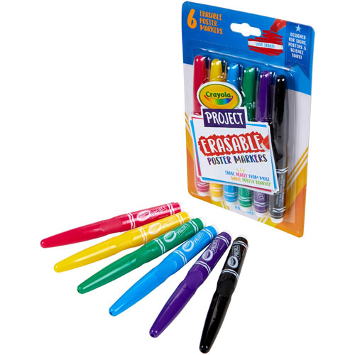 Crayola Project Erasable Poster Markers - Chisel Marker Point Style - Red, Yellow, Green, Blue, Purple, Black - 6 / Pack