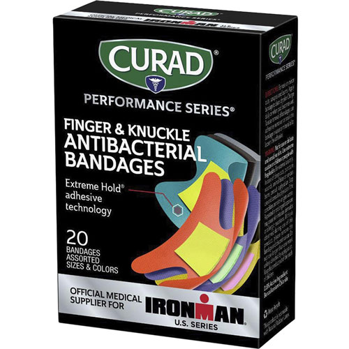 Curad Finger/Knuckle Antibacterial Bandage, Assorted Sizes, 1.75" x 2" , 1.50" x 3", 1Box, 20 Per Box, Multi, Fabric