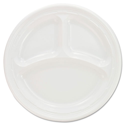Dart Plastic Plates, 9 Inches, White, 3 Compartments, Round, 125/Pack