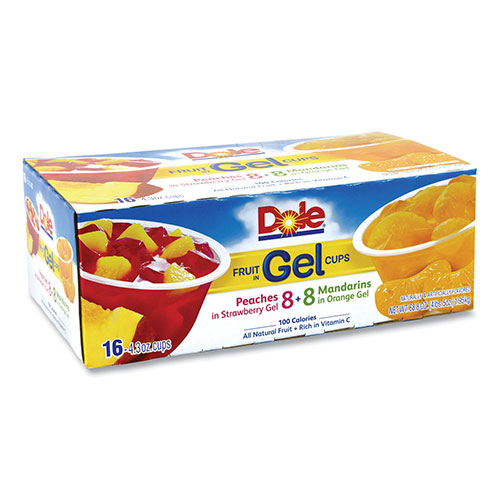 Dole® Fruit in Gel Cups, Mandarins/Orange, Peaches/Strawberry, 4.3 oz Cups, 16 Cups/Carton