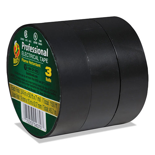Duck® Pro Electrical Tape, 1" Core, 0.75" x 50 ft, Black, 3/Pack