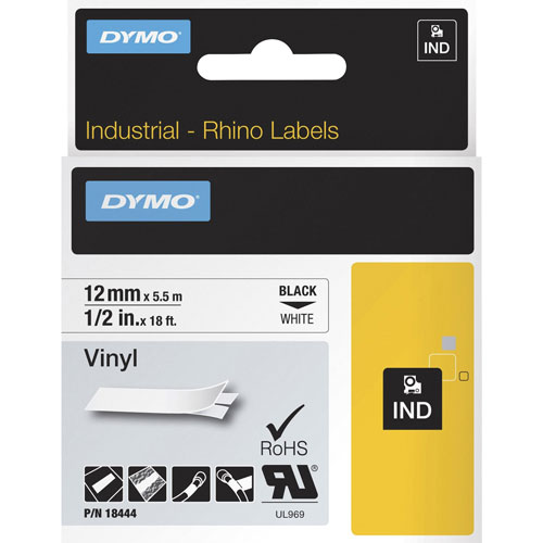 Dymo Label, Vinyl, Industrial, 1/2", 18', White