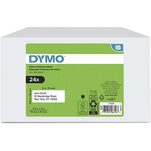 Dymo Return Address Multipurpose Labels - 3/4" x 2", White - 500 / Roll - 24 / Box - Self-adhesive