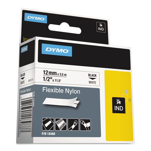 Dymo Rhino Flexible Nylon Industrial Label Tape, 0.5" x 11.5 ft, White/Black Print