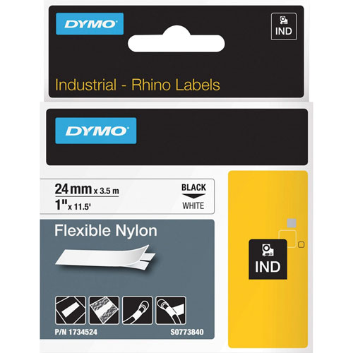Dymo Rhino Flexible Nylon Industrial Label Tape, 1" x 11.5 ft, White/Black Print