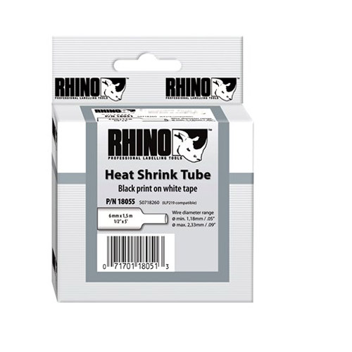 Dymo Rhino Heat Shrink Tubes Industrial Label Tape, 0.5" x 5 ft, White/Black Print