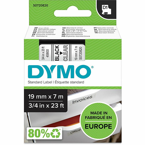 Dymo S0720820 D1 45800 Tape 19mm x 7m Black on Clear, 3/4" Width x 22 31/32 ft Length, Black on Clear, Easy Peel, Durable