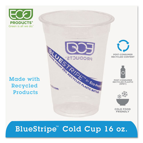 Eco-Products BlueStripe 25% Recycled Content Cold Cups, 16 oz, Clear/Blue, 50/Pk, 20 Pk/Ct