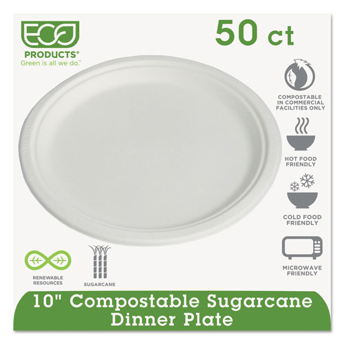Eco-Products Compostable Sugarcane Dinnerware, 10" Plate, Natural White, 50/Pack