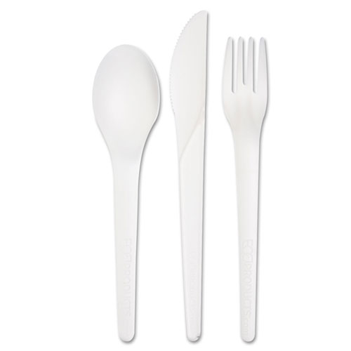 Eco-Products Plantware Compostable Cutlery Kit, Knife/Fork/Spoon/Napkin, 6", Pearl White, 250 Kits/Carton