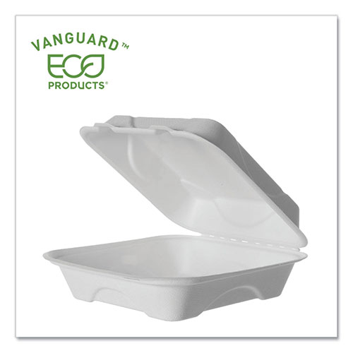 Eco-Products Vanguard Renewable and Compostable Sugarcane Clamshells, 1-Compartment, 8 x 8 x 3, White, 200/Carton