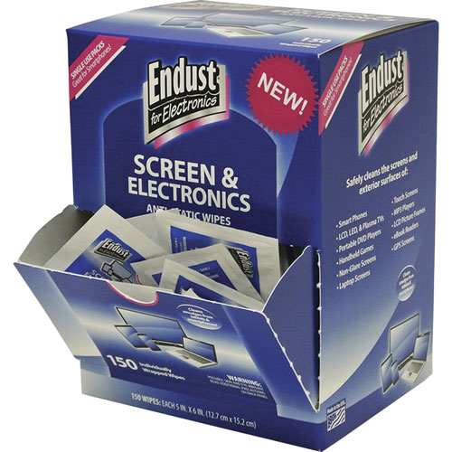 Endust Electronic Screen Wipes, Anti-Static, 5"Wx6"L, 150/Pk, Blue