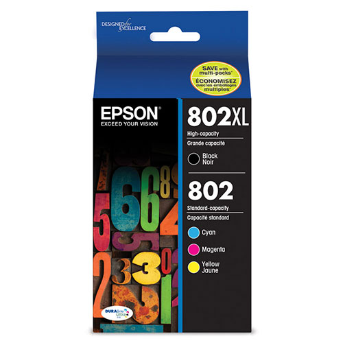 Epson T802XLBCS (802)(802XL) DURABrite Ultra High-Yield Ink, Cyan/Magenta/Yellow/Black