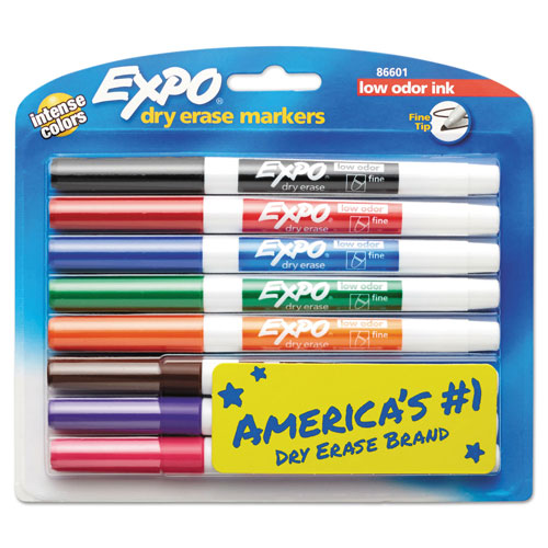 Expo® Low-Odor Dry-Erase Marker, Fine Bullet Tip, Assorted Colors, 8/Set