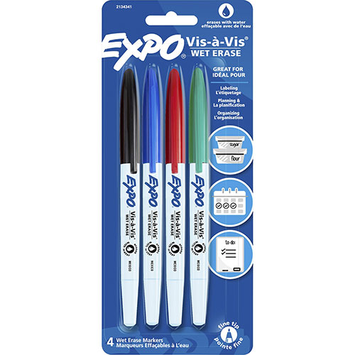 Expo® Vis-à-Vis Wet-Erase Markers - Fine Marker Point - Multi - 4 / Pack