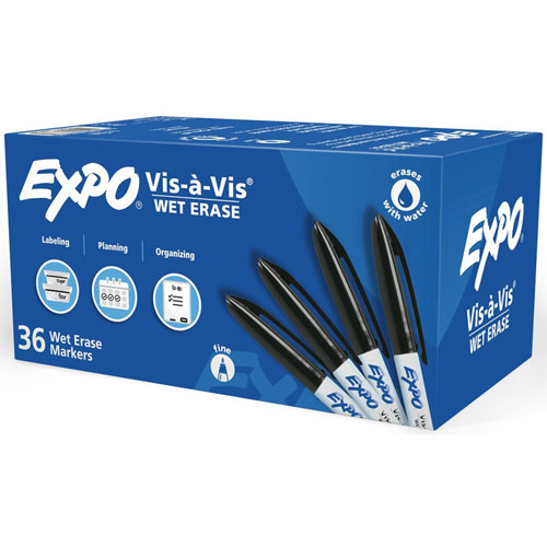 Expo® Vis-A-Vis Wet-Erase Markers, Fine Marker Point, Black, 36/Box