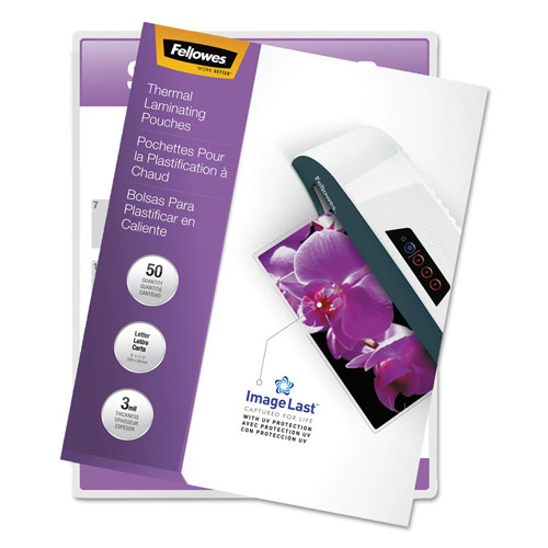 Fellowes ImageLast Laminating Pouches with UV Protection, 3 mil, 9" x 11.5", Clear, 50/Pack