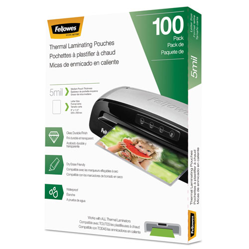 Fellowes Laminating Pouches, 5 mil, 9" x 11.5", Gloss Clear, 100/Pack