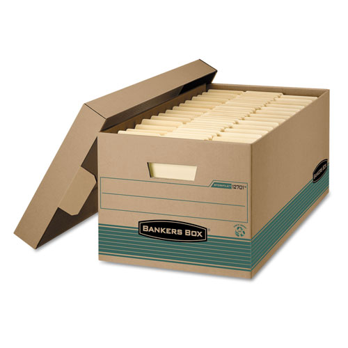 Fellowes STOR/FILE Medium-Duty 100% Recycled Storage Boxes, Letter Files, 12.88" x 25.38" x 10.25", Kraft/Green, 12/Carton