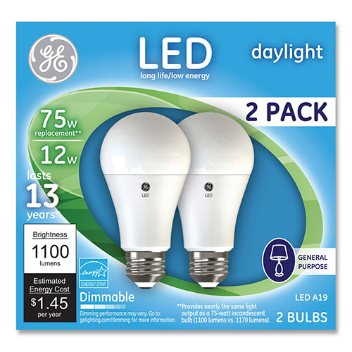 GE 75W LED Bulbs, 12 W, A19 Bulb, Daylight, 2/Pack