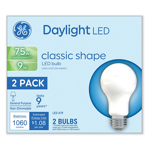 GE Classic LED Non-Dim A19 Light Bulb, 9 W, Daylight, 2/Pack