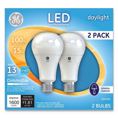 GE LED Daylight A21 Dimmable Light Bulb, 15 W, 2/Pack